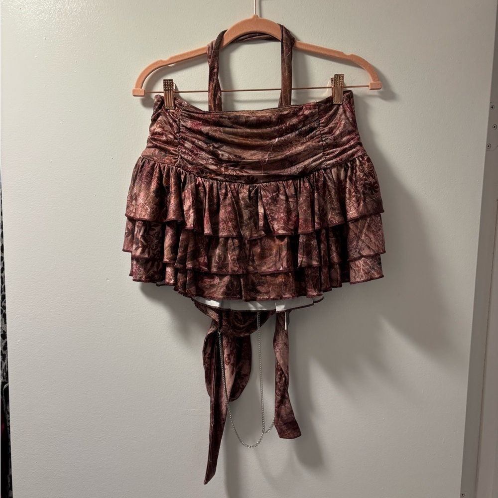 Ruched Drawstring Floral Satin Skirt Set in Mauve Pink - Picture 4 of 5
